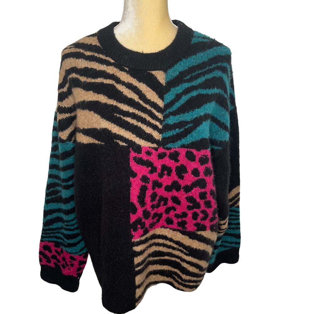 Rails Kylie Pullover Revolve Black Patchwork Animal Sweater Size Large